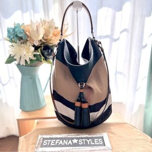 Burberry Medium Ashby House Check Canvas & Leather Tassel Hobo Bag